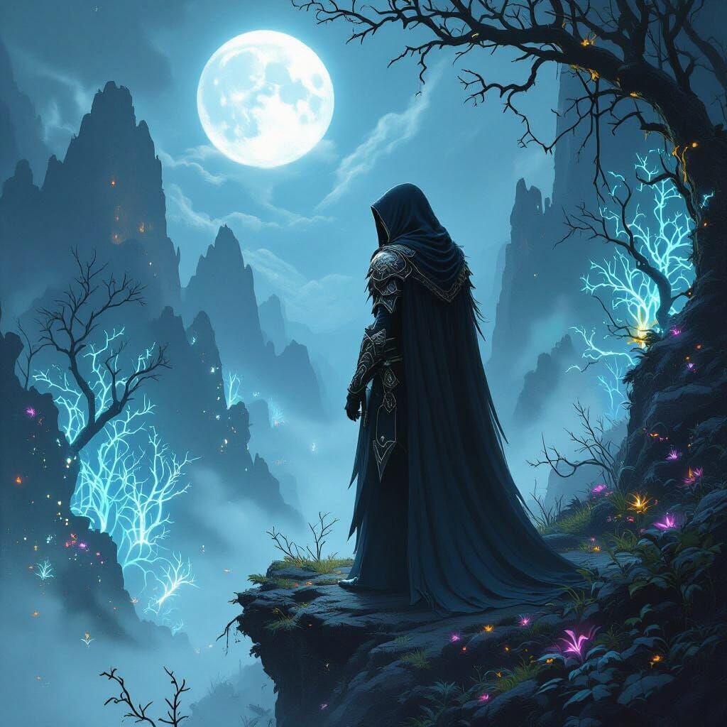 Drow Warrior Overlooking Bioluminescent Forest