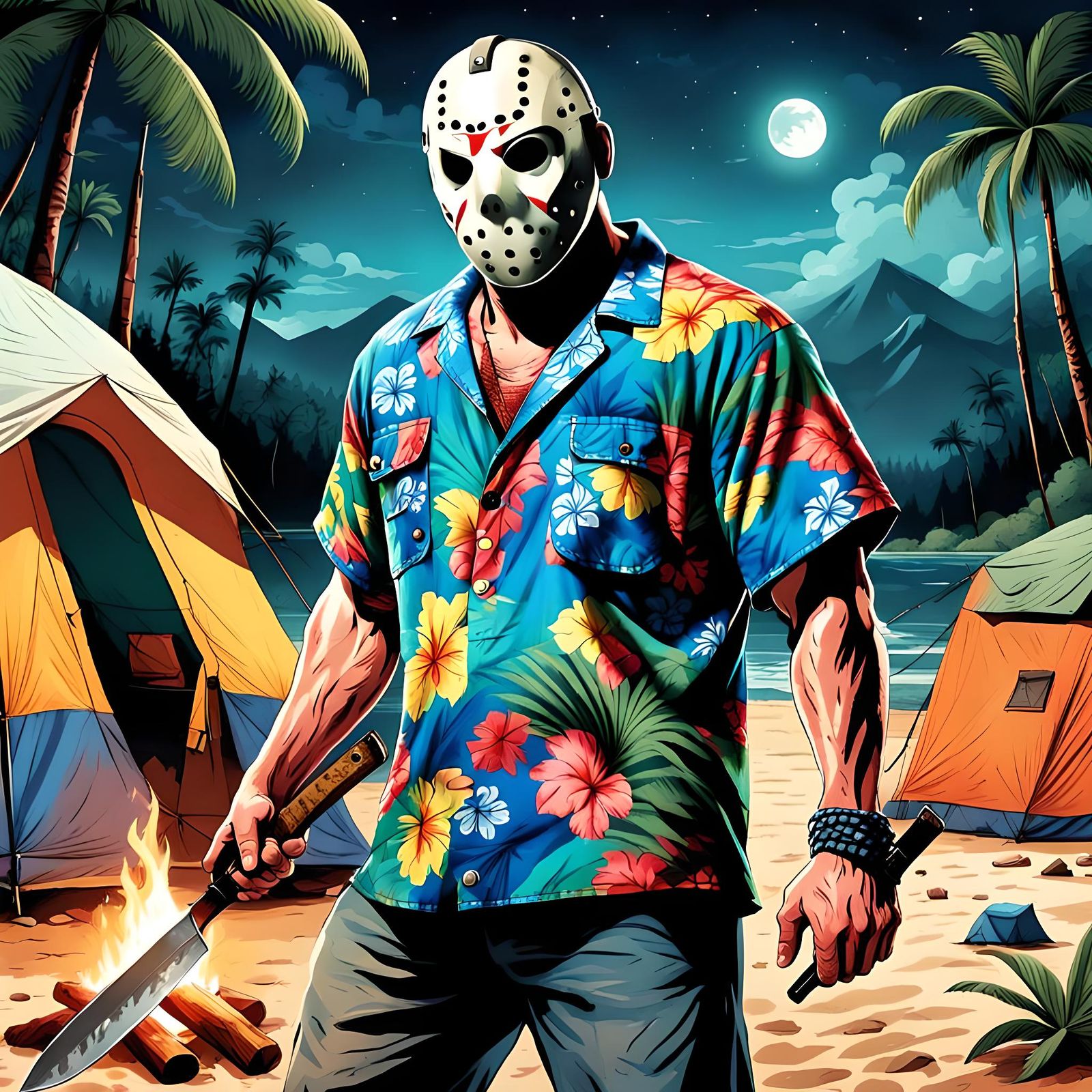 Jason Voorhees in Hawaiian Shirt on Beach
