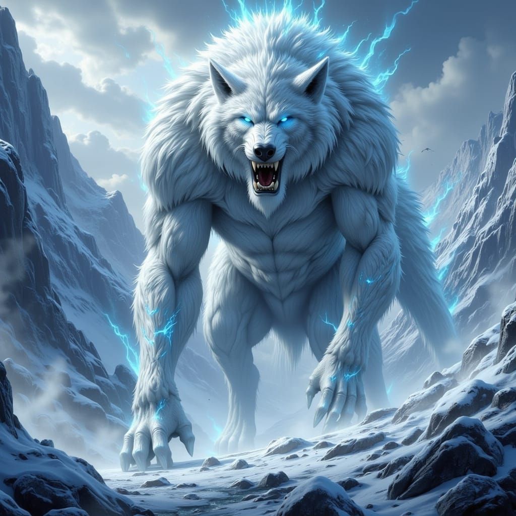 Giant Snow Wolf Monster in Primitivist Style Near Mountains