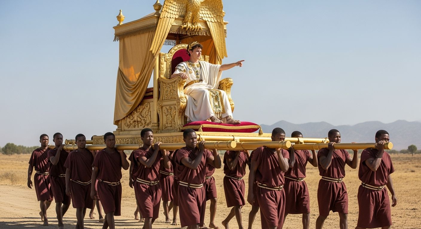 Barefoot Roman Emperor on Gold Sedan Throne