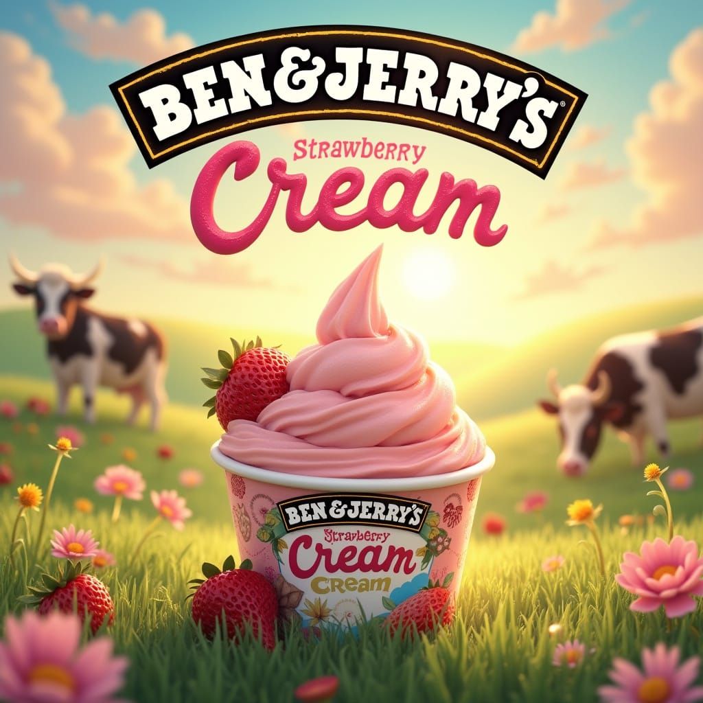 Ben & Jerry's Strawberry Cream Ice Cream Ad in Dreamy Meadow...