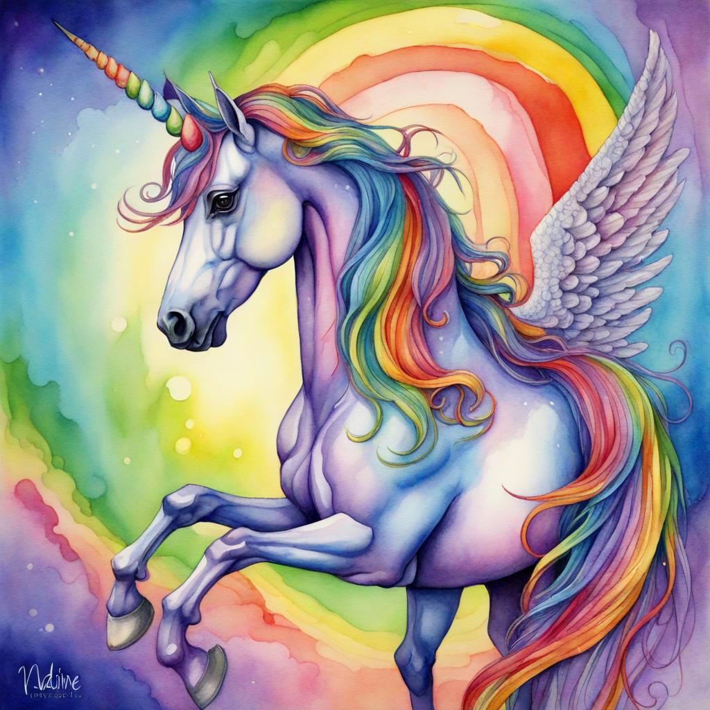 Rainbow Winged Horse with Unicorn Horn Watercolor