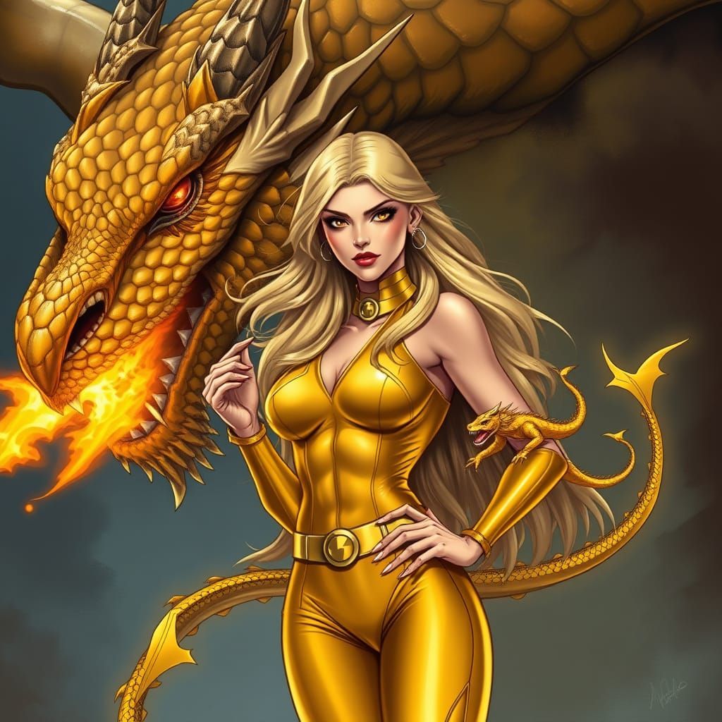 Confident Super Villain Girl with Bronze Dragon Companion