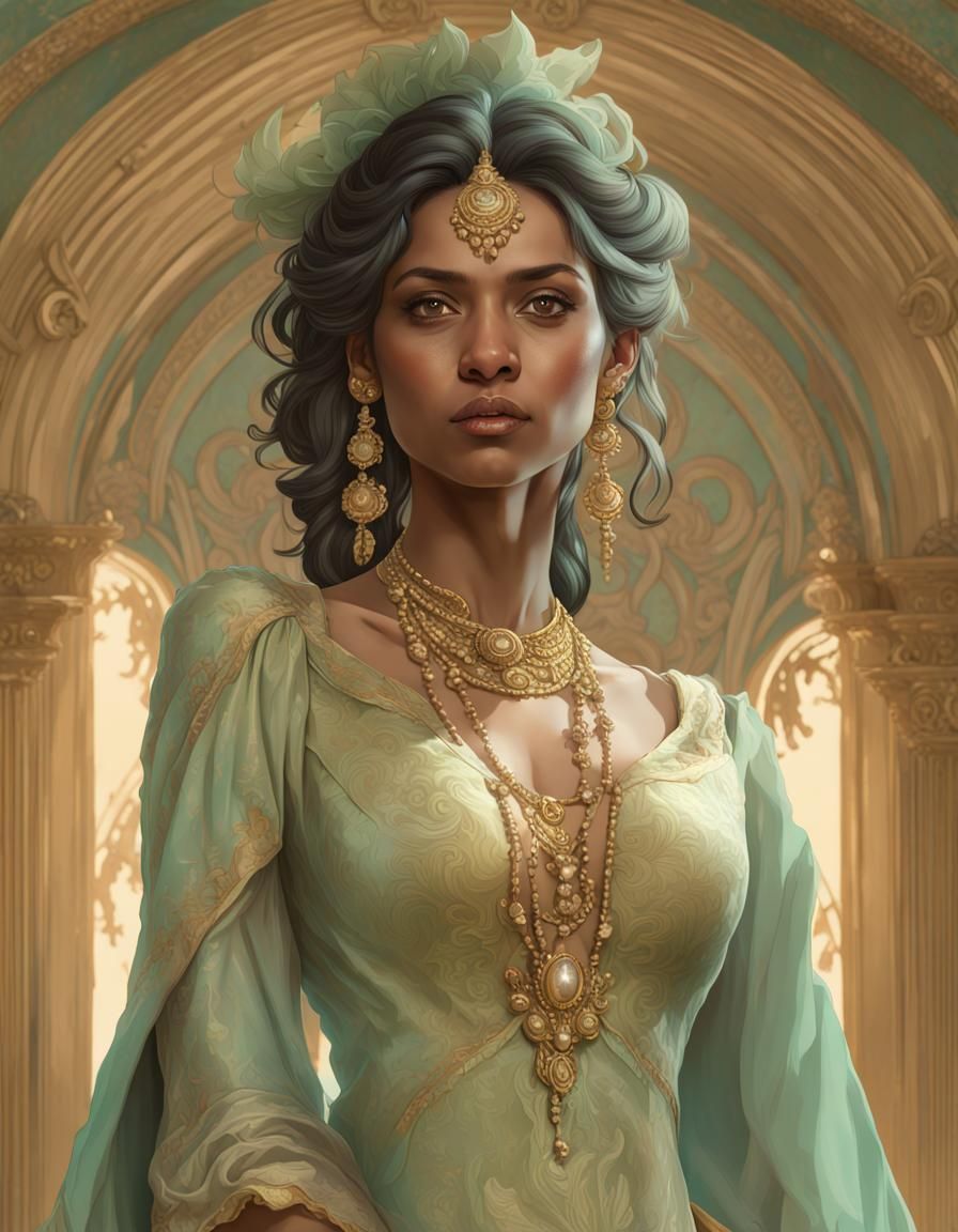 Indian Woman in Rococo Gown, Art Nouveau Portrait