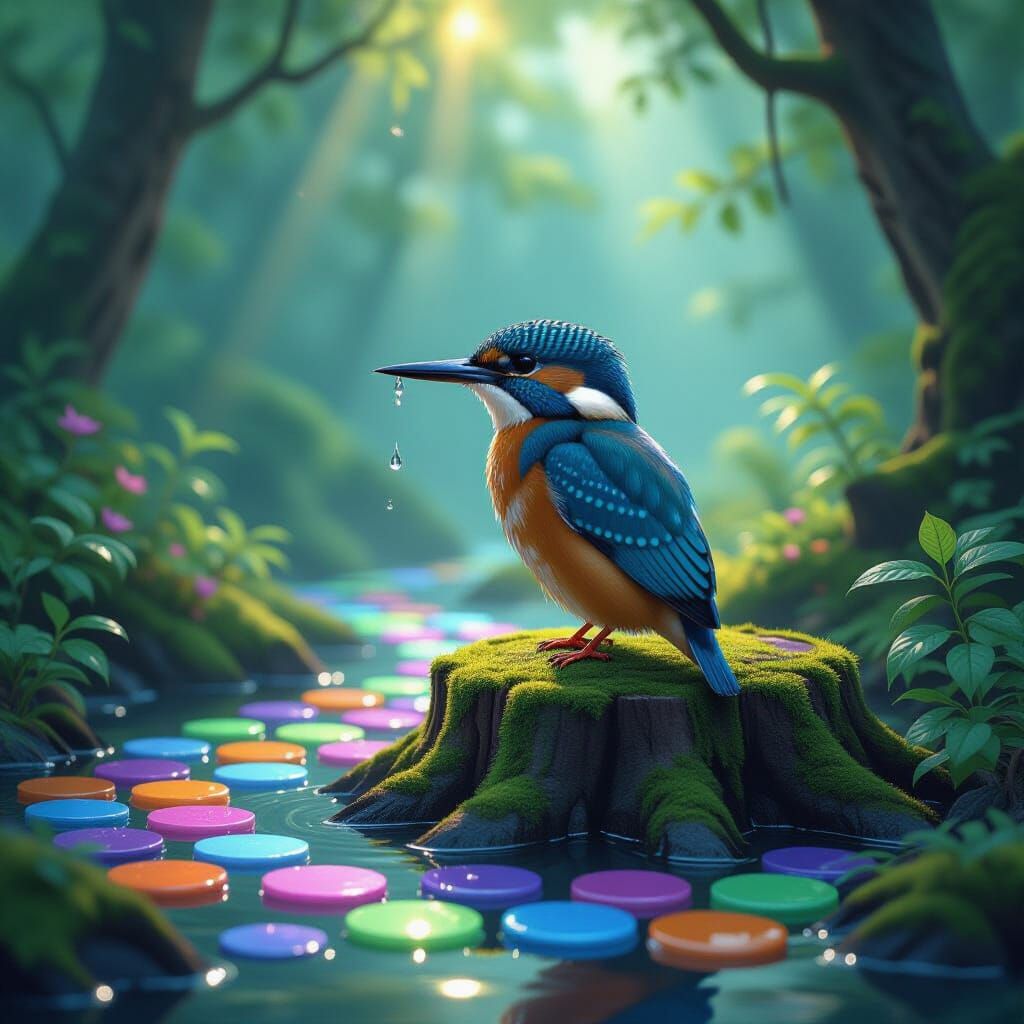 Kingfisher in Enchanted Forest with Jelly Stone Path