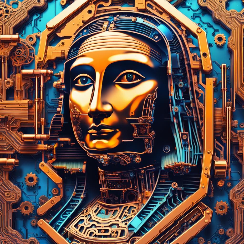 Retrofuturistic Mona Lisa with Clockwork and Neon