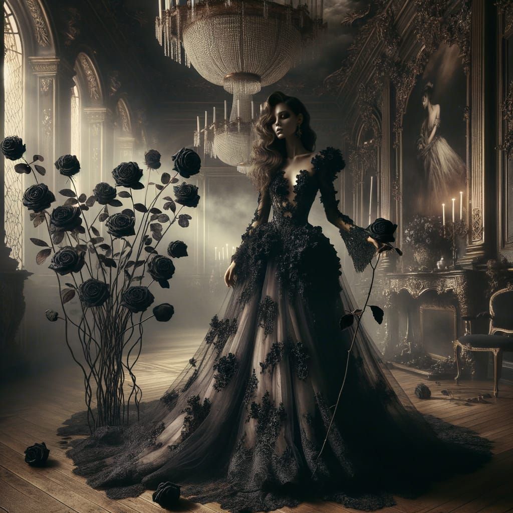 Baroque Woman in Decaying Ballroom with Black Roses