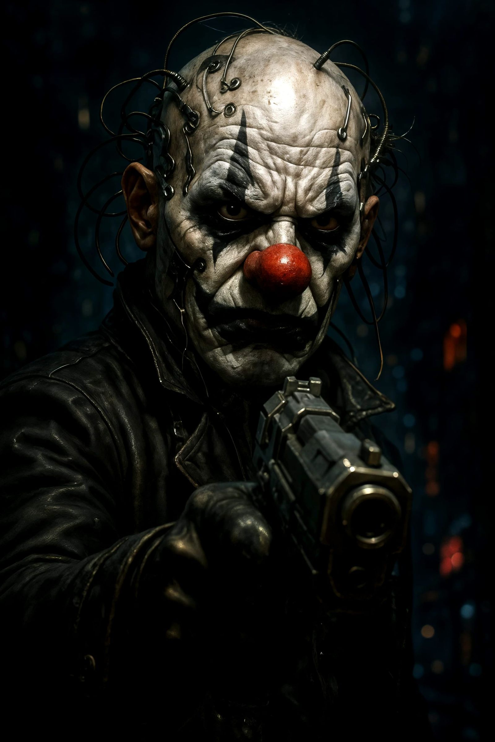 Menacing Cyberpunk Clown Assassin with Futuristic Pistol