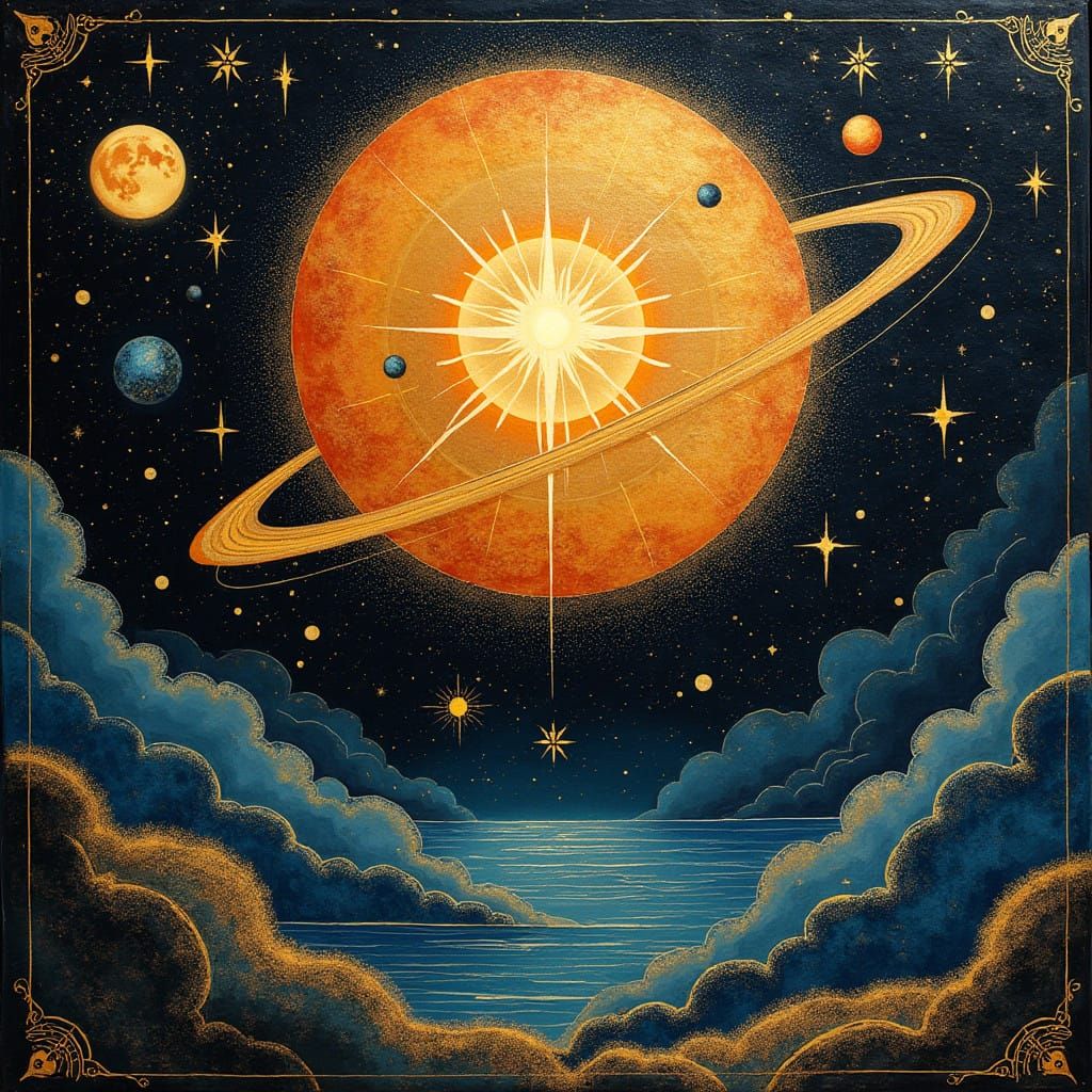 Mystical Cosmic Winter Solstice Scene in Golden Accents