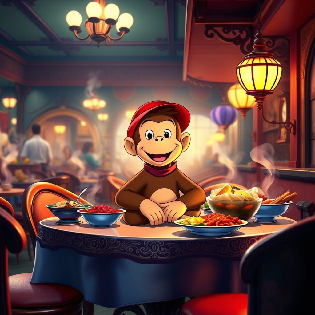 Curious George at a Restaurant, 2D Animation Style