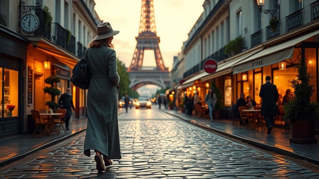 Parisian Woman Strolls at Dawn in Romantic Impressionist Sty...