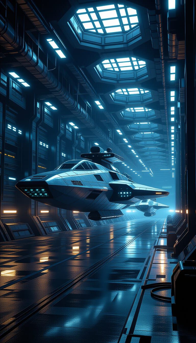 Futuristic Spaceship in Vast Maintenance Hangar