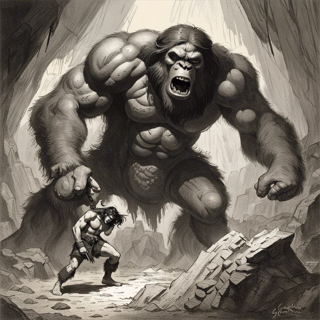 Conan vs Ape in Grayscale Horror Style
