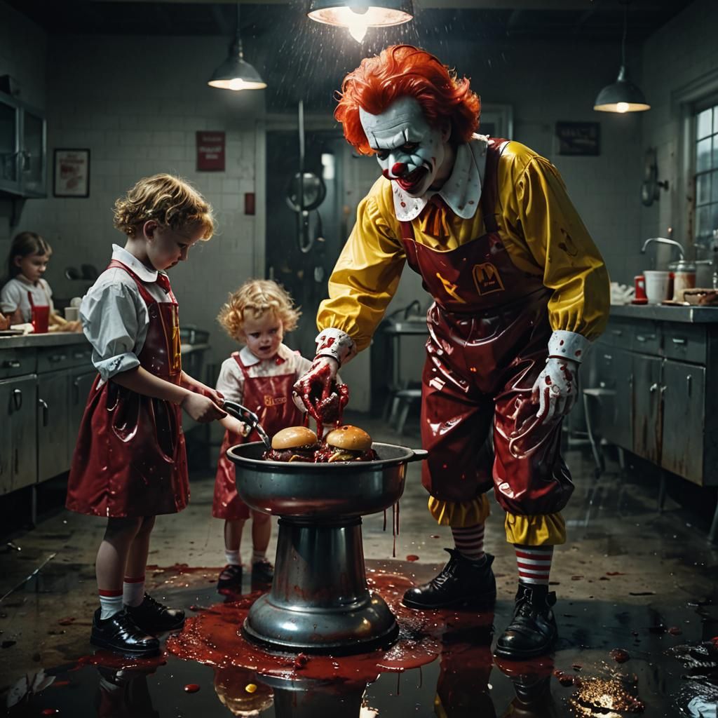 Nightmarish Ronald McDonald Hamburger Meat Grinder in Dark S...