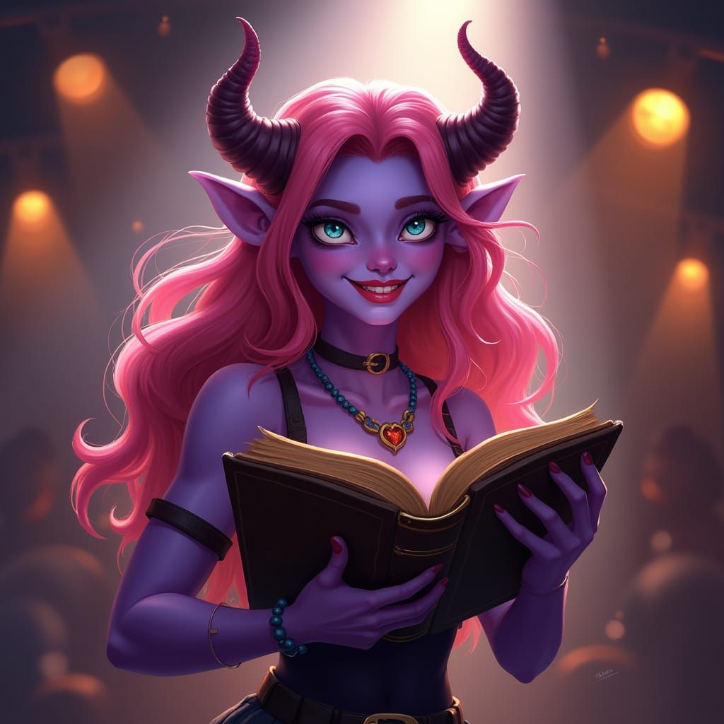 Playful Teifling with Book on Stage
