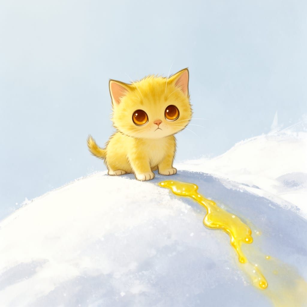 Tiny Yellow Kitten on Snow in Children's Book Style