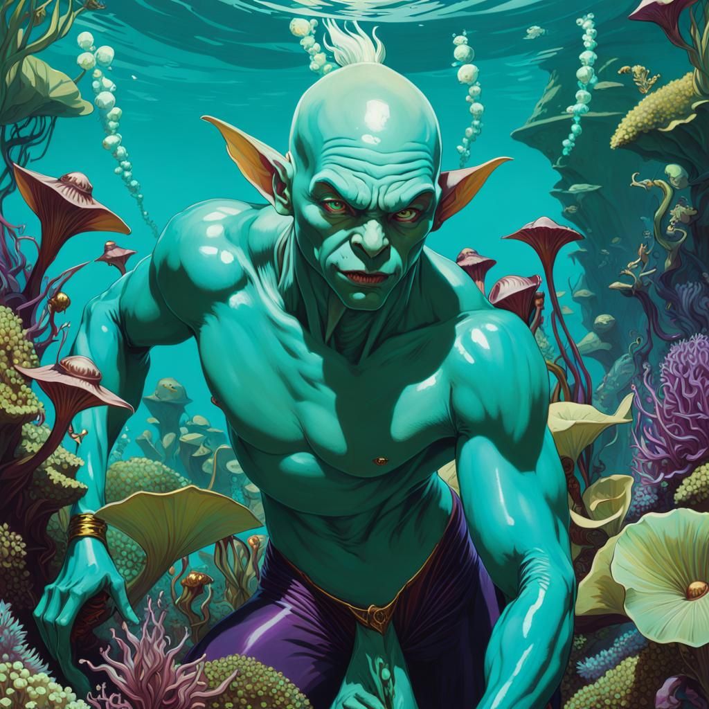 Luminescent Turquoise Goblin Warlocks in an Underwater Reef