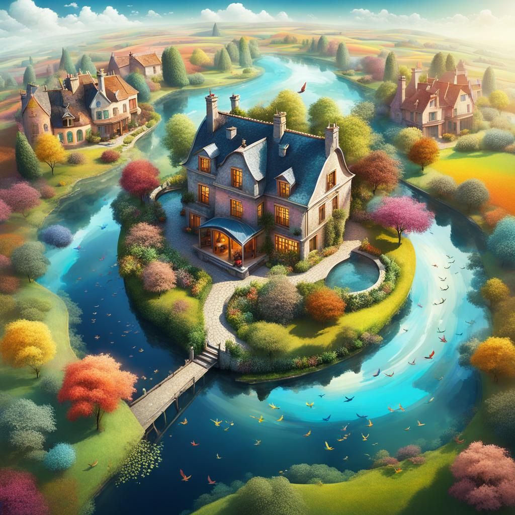 Atmospheric Country House in Surreal Aerial Landscape