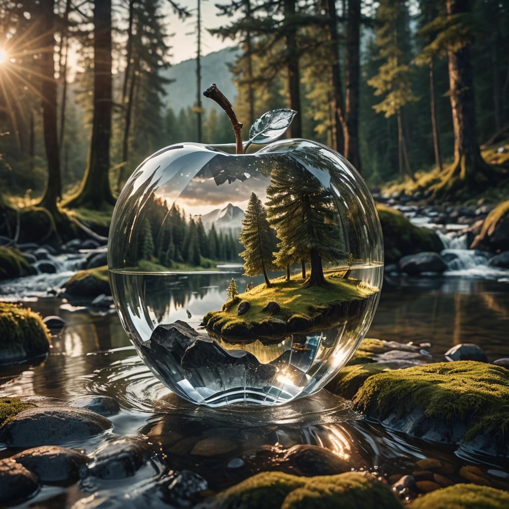 close-up of a beautiful large crystal apple with a forest la...