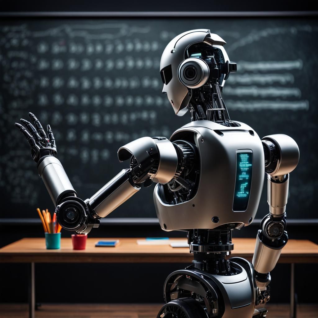 Hyperrealistic AI Robot Teacher at Chalkboard