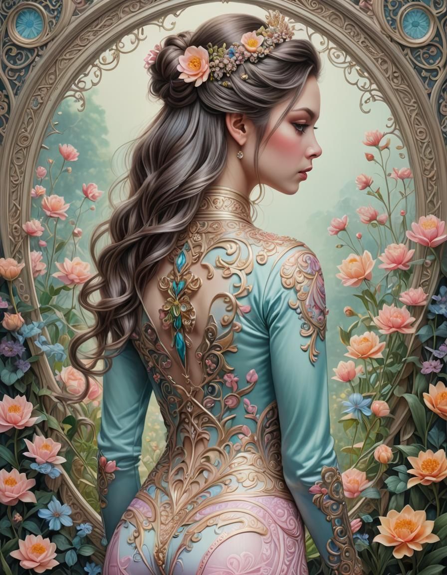 Pastel Princesscore Woman in Ornate Floral Setting