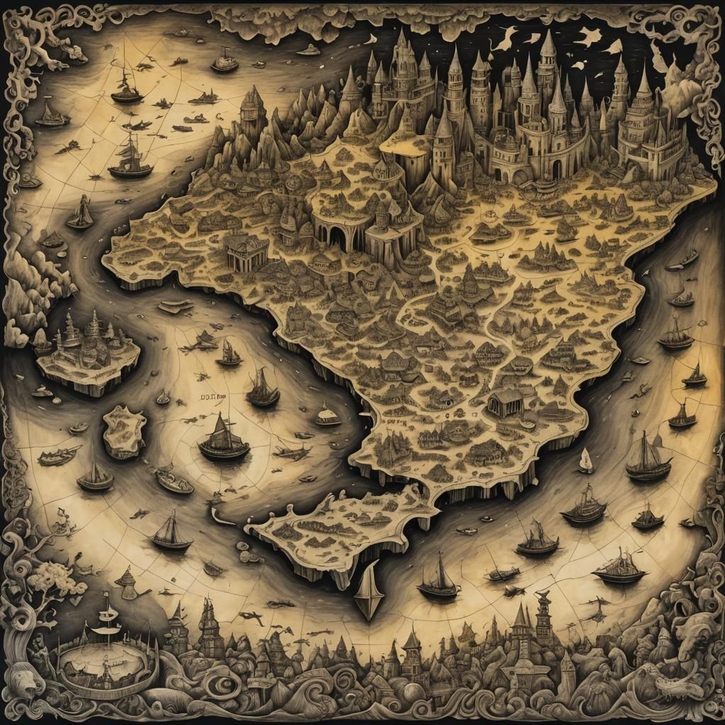 Detailed Charcoal Treasure Map with Dragons and Islands