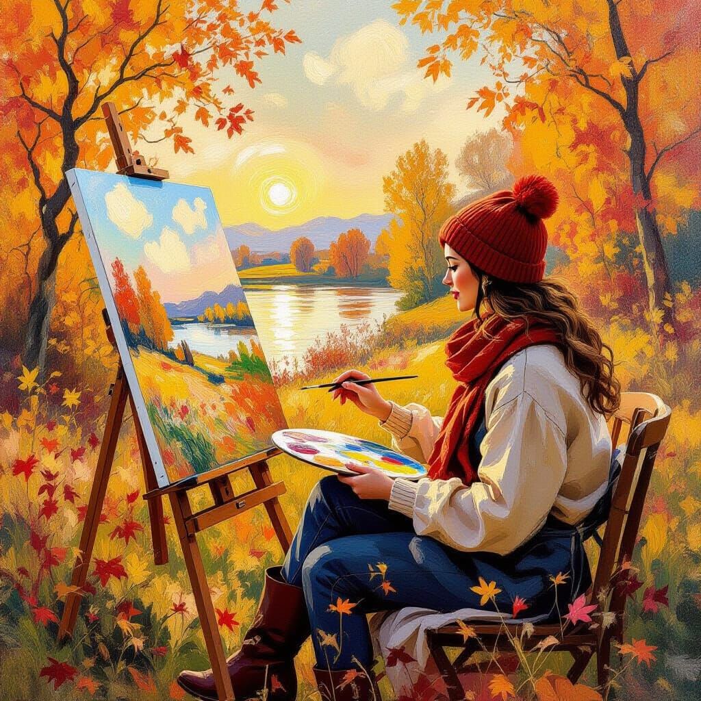 Autumn Artist Painting Serene Landscape in Golden Light