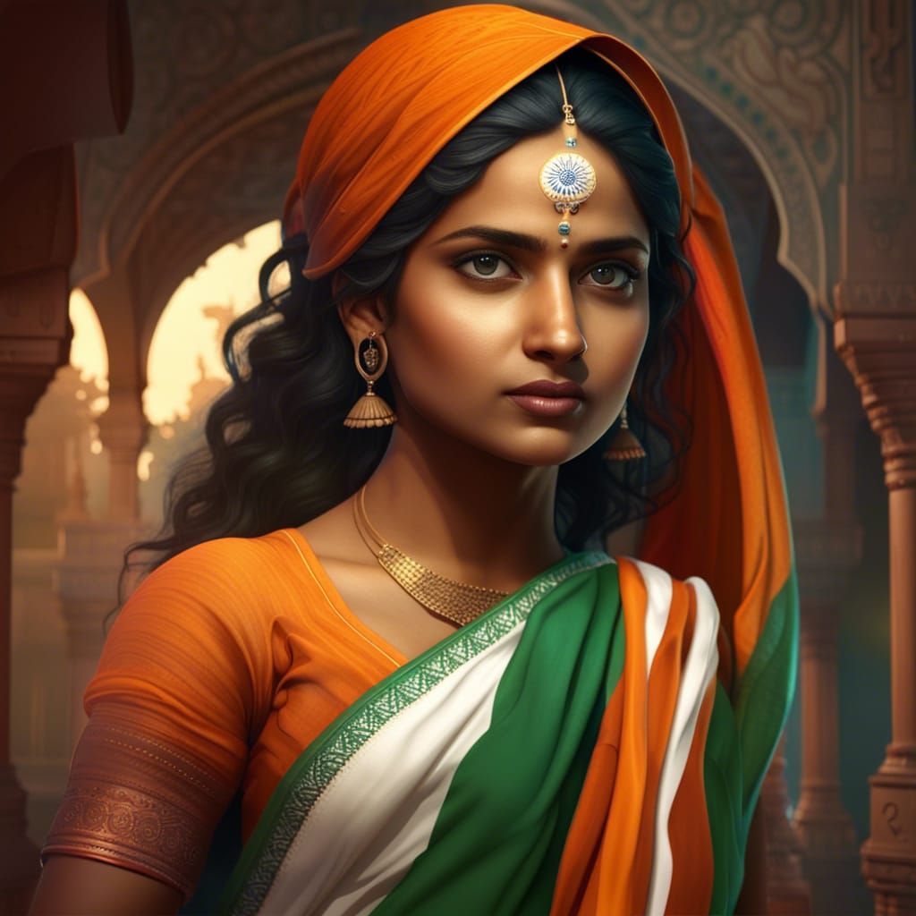 Determined Indian Woman in 3D Animation with Flag