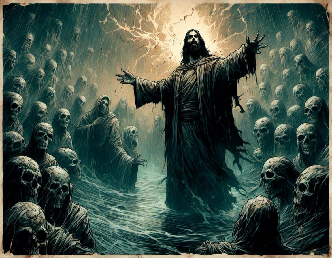 <lora:Macabre:1.0> Jesus rebuking evil spirits Mark Brooks and Dan Mumford, comic book art, perfect, smooth