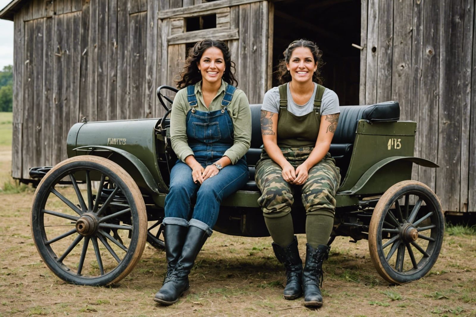 Two woman outside an old barn