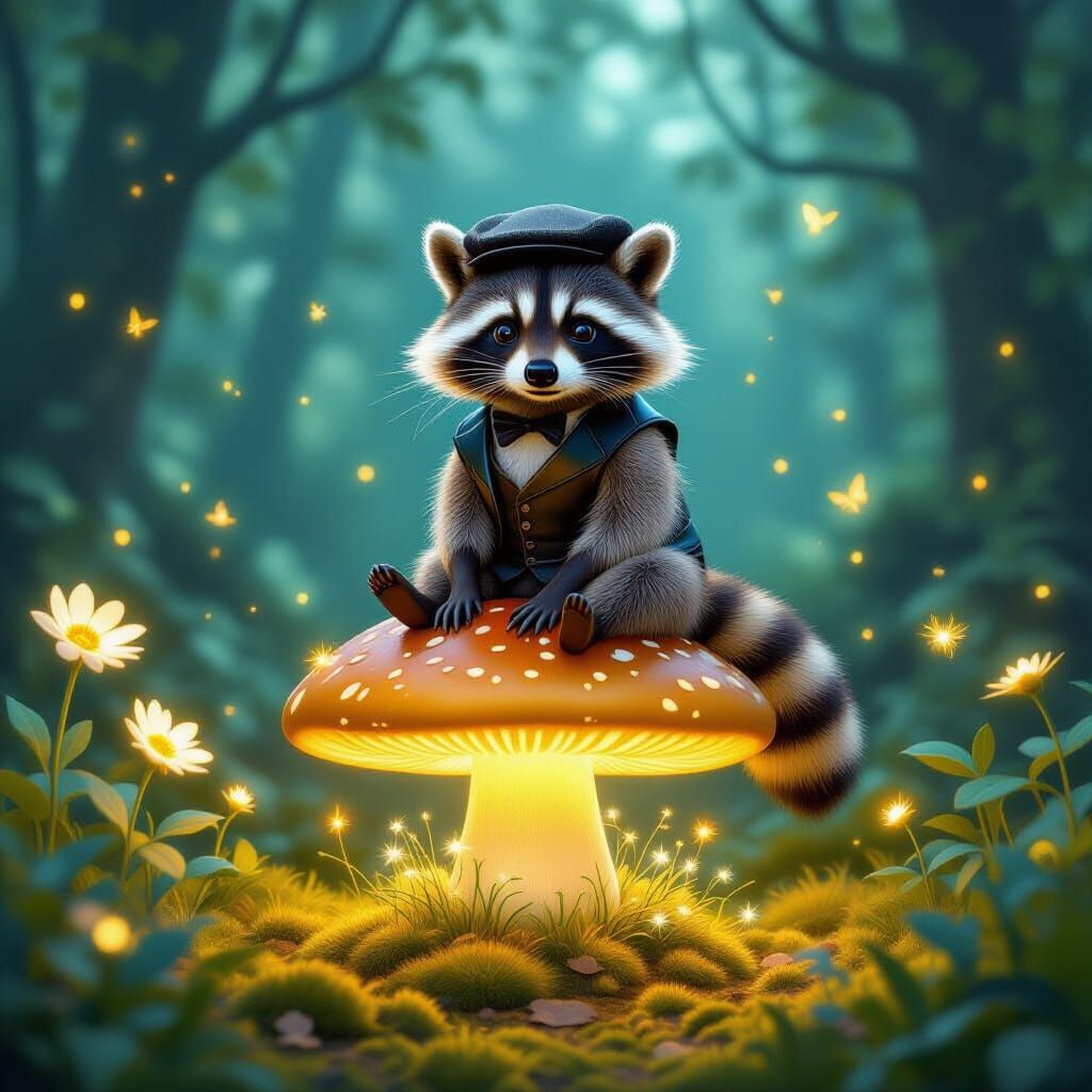 Raccoon on Mushroom in Bioluminescent Forest, Dreamlike Art