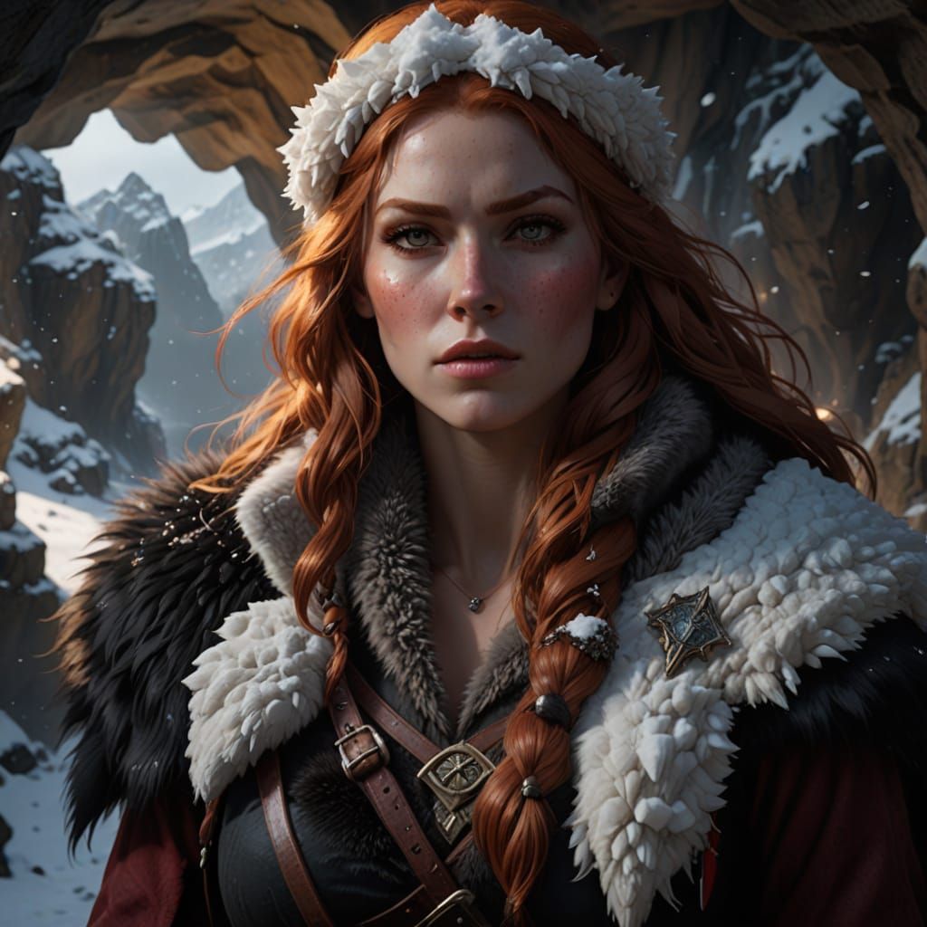 Redhead Barbarian Woman in Snowy Cave - Concept Art