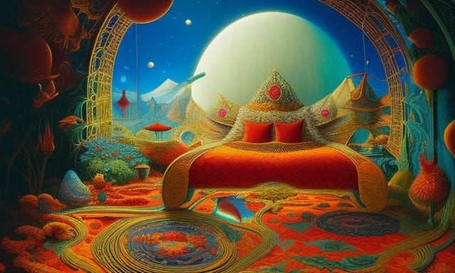 Woman in Surreal Sun and Moon Bed