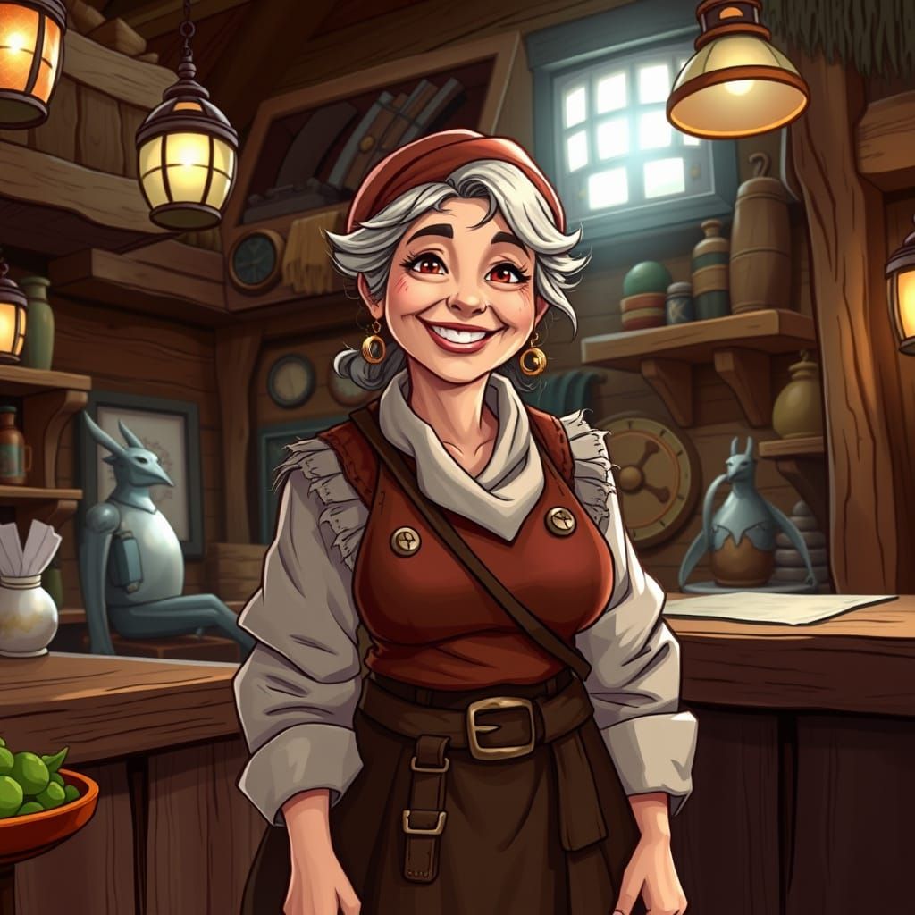 Smiling Innkeeper in Cozy Tavern, Webtoon Art