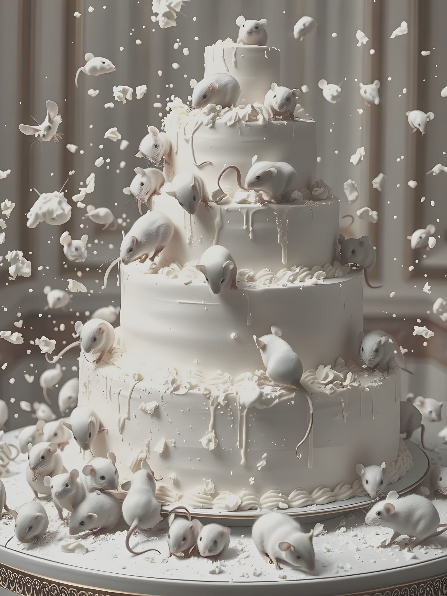 Opulent Wedding Cake Destroyed by Mice in High-Fashion Photo