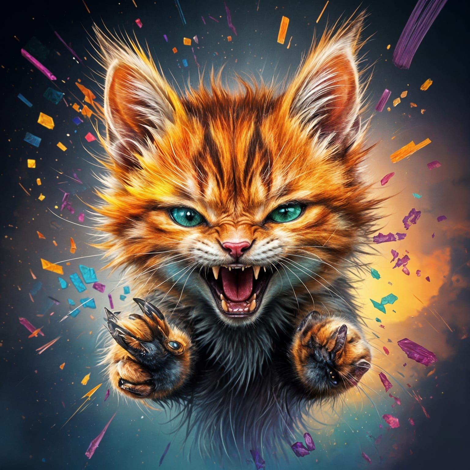 Adorable Kitten Roaring in Explosive Colors