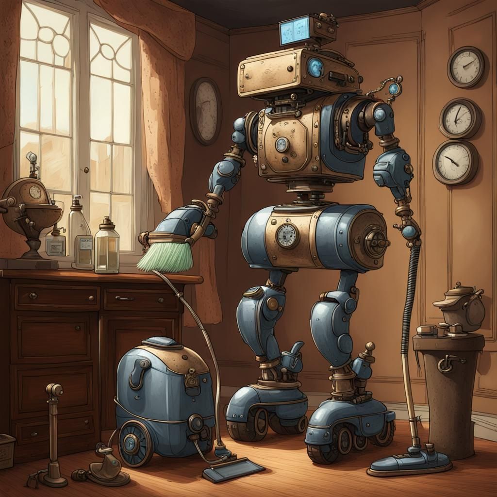 Steampunk Robot Butler Cleans Home