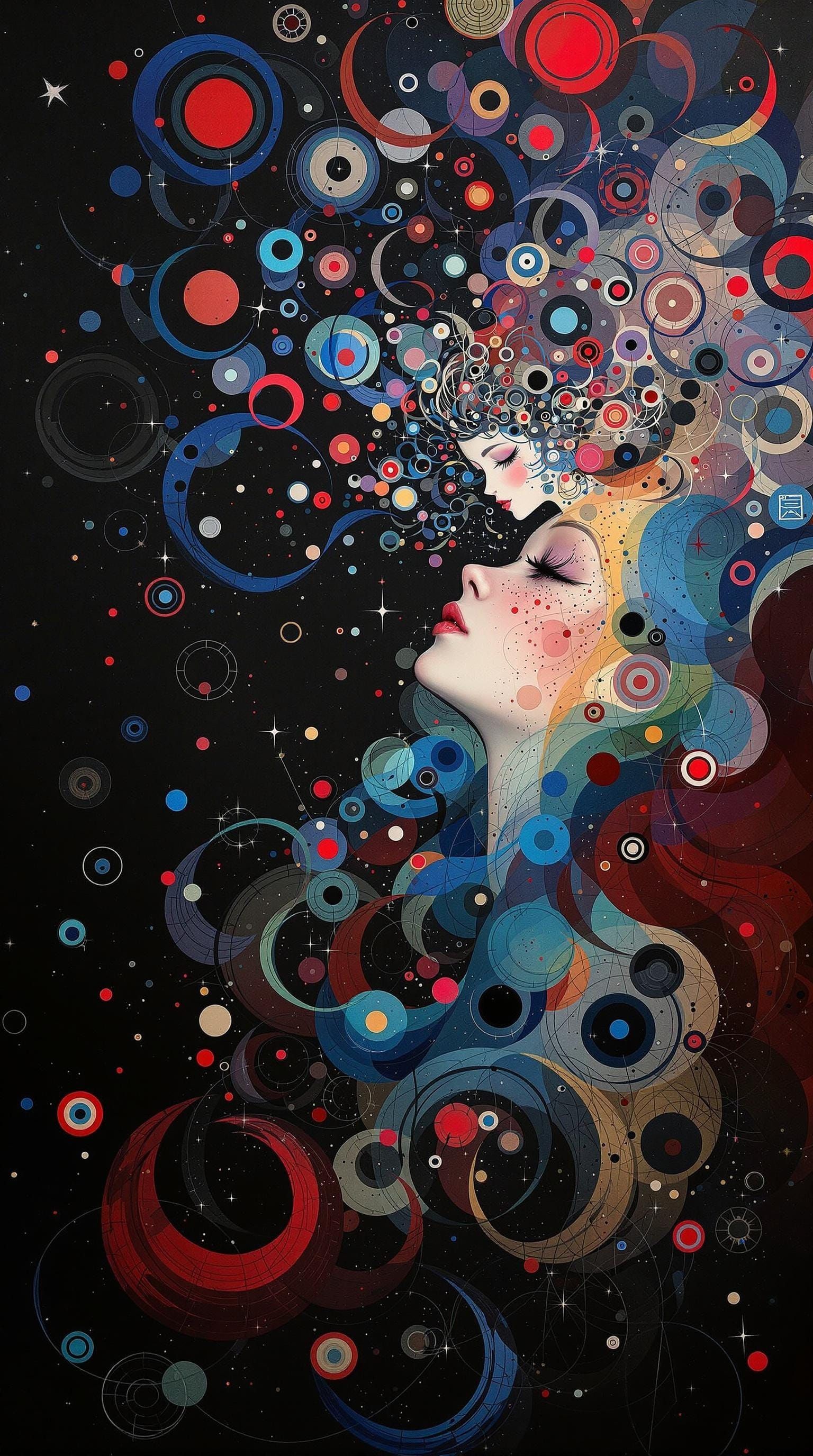 Surreal Girl in a Cosmic Dress of Multicolored Swirling Patt...