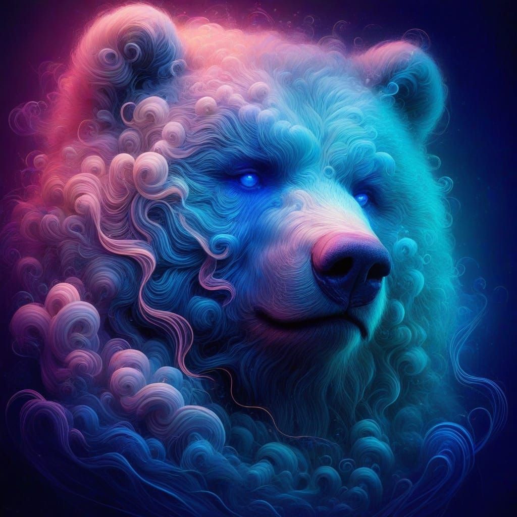 Dreamy Bear in Royal Blue Glow, Surrounded by Wavy Ropes and...