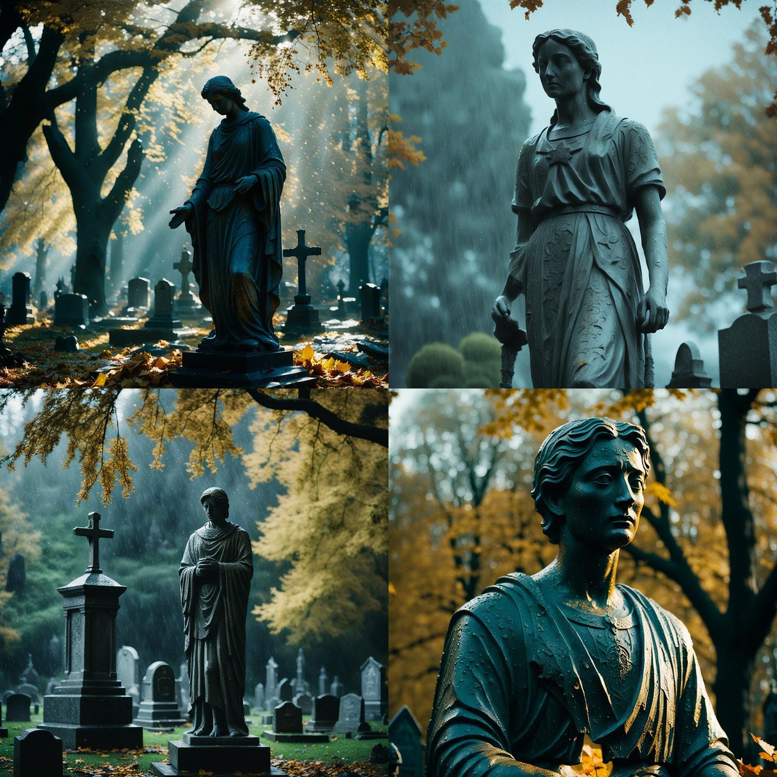 Autumn Statue in Graveyard: Cinematic Film Still