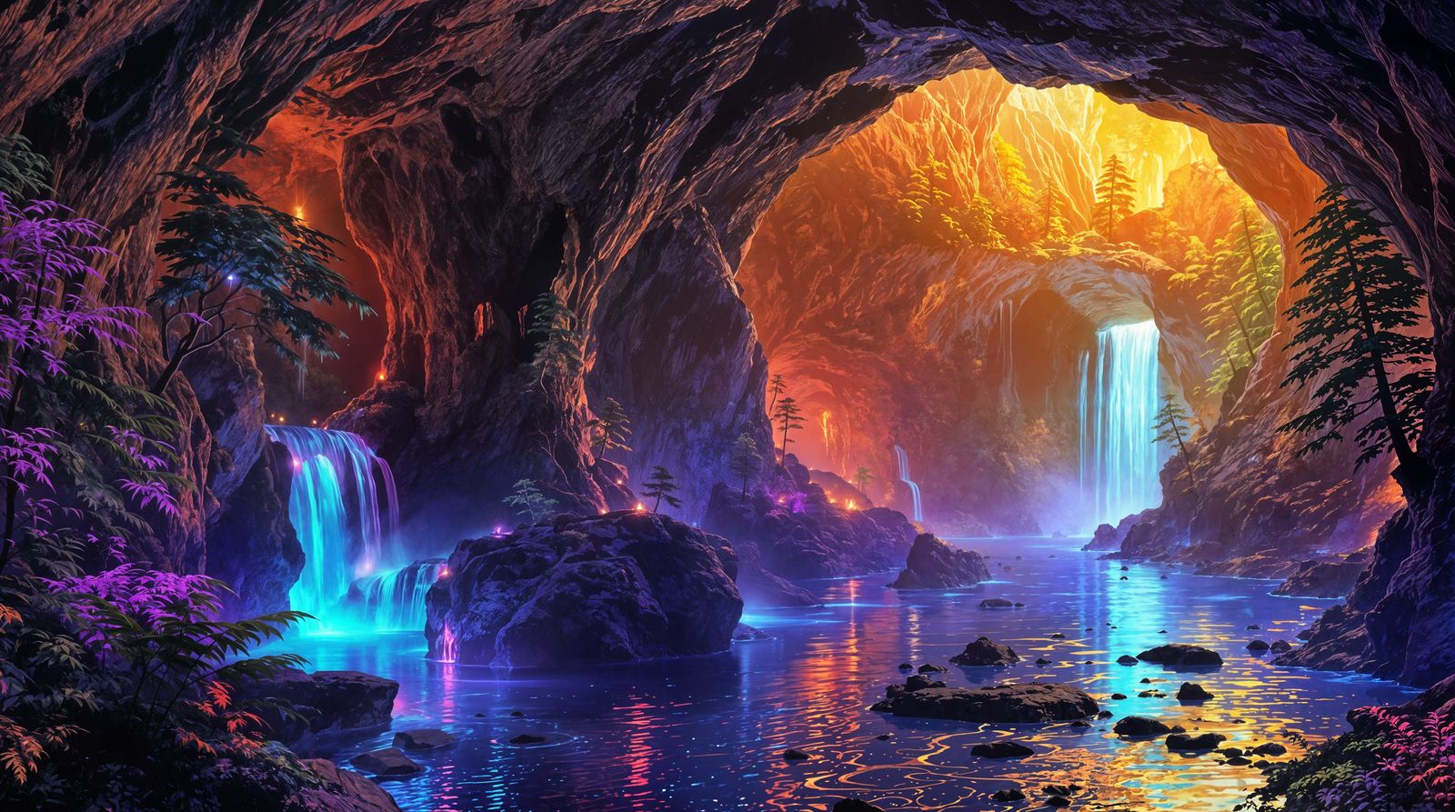 Surreal Futuristic Oasis in Neon-Lit Cave
