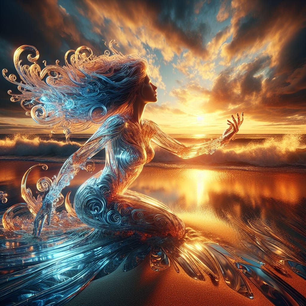 Glass Woman Reaching for Sunset, Digital Matte Painting