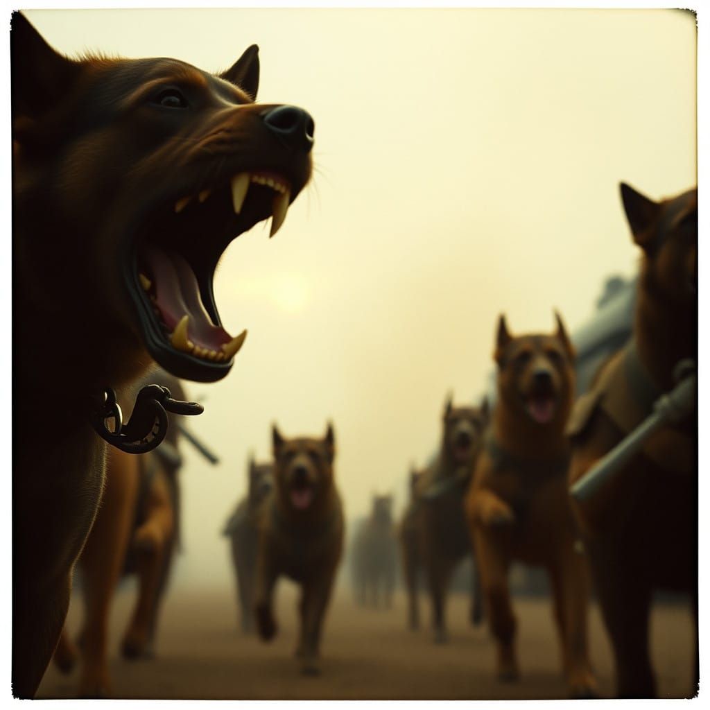 Dogs of War Cinematic Film Still in Epic 35mm Style