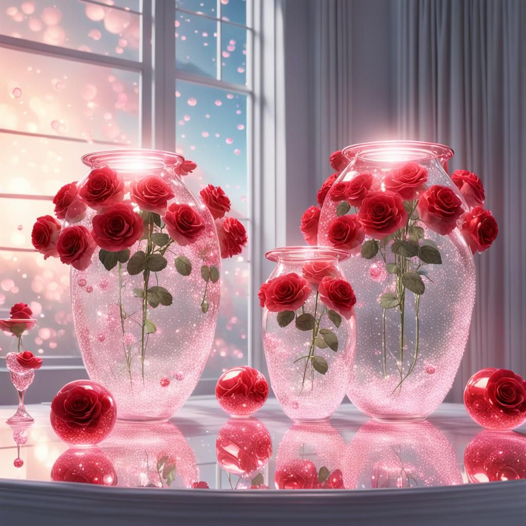 Crystal Vases with Roses in Anime Style