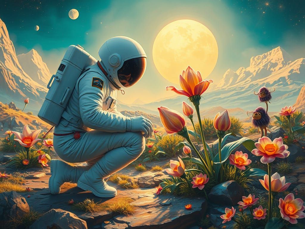 Astronaut Discovers Vibrant Alien Garden in Oil Painting Sty...