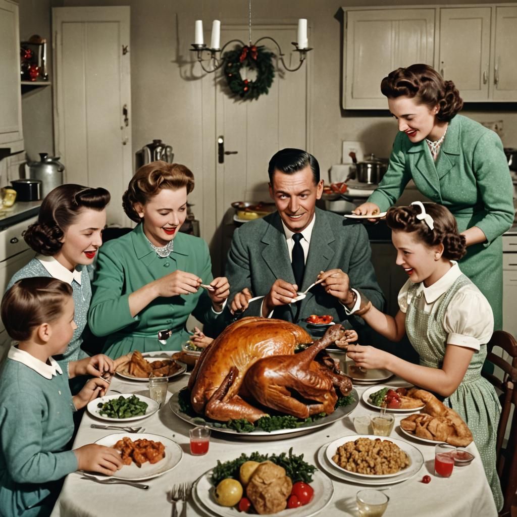 Creepy Family Christmas Dinner in 1950s Photo