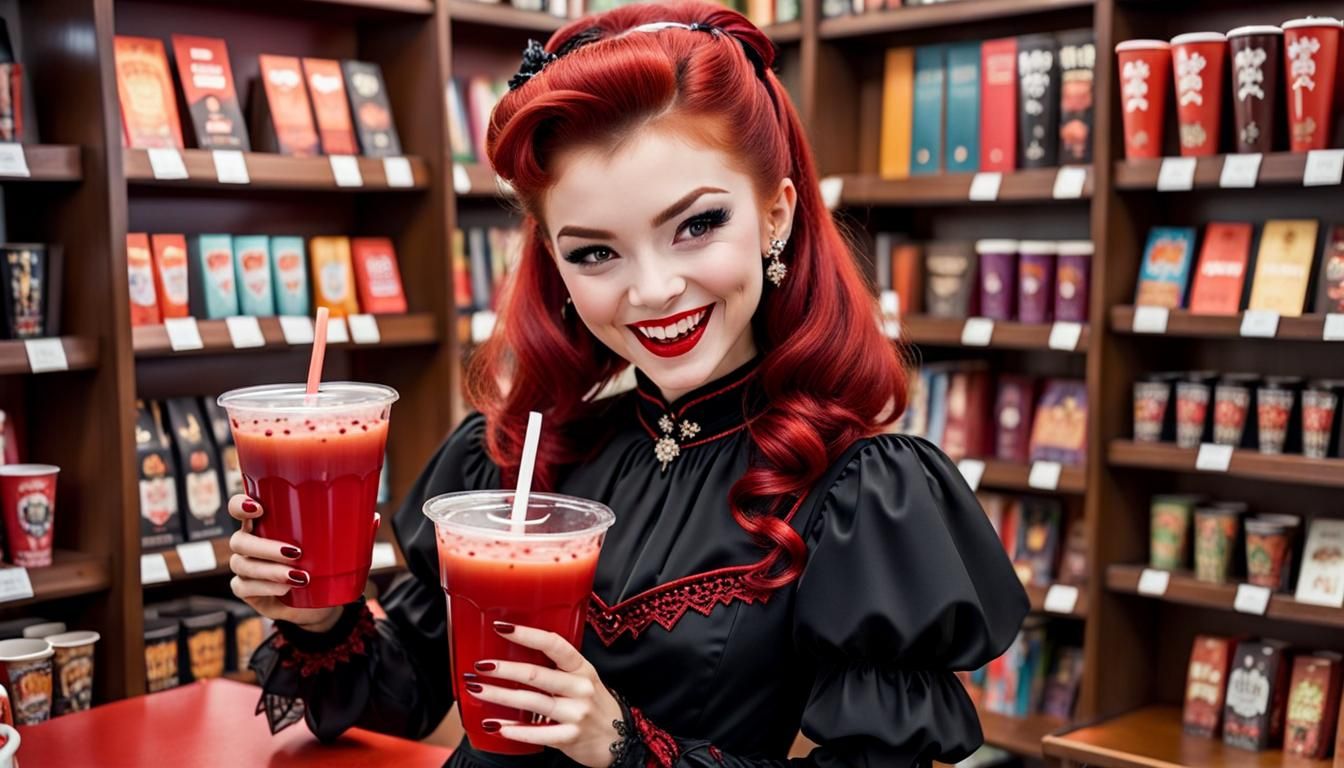 Cute Vampire with Boba Tea in Bookstore