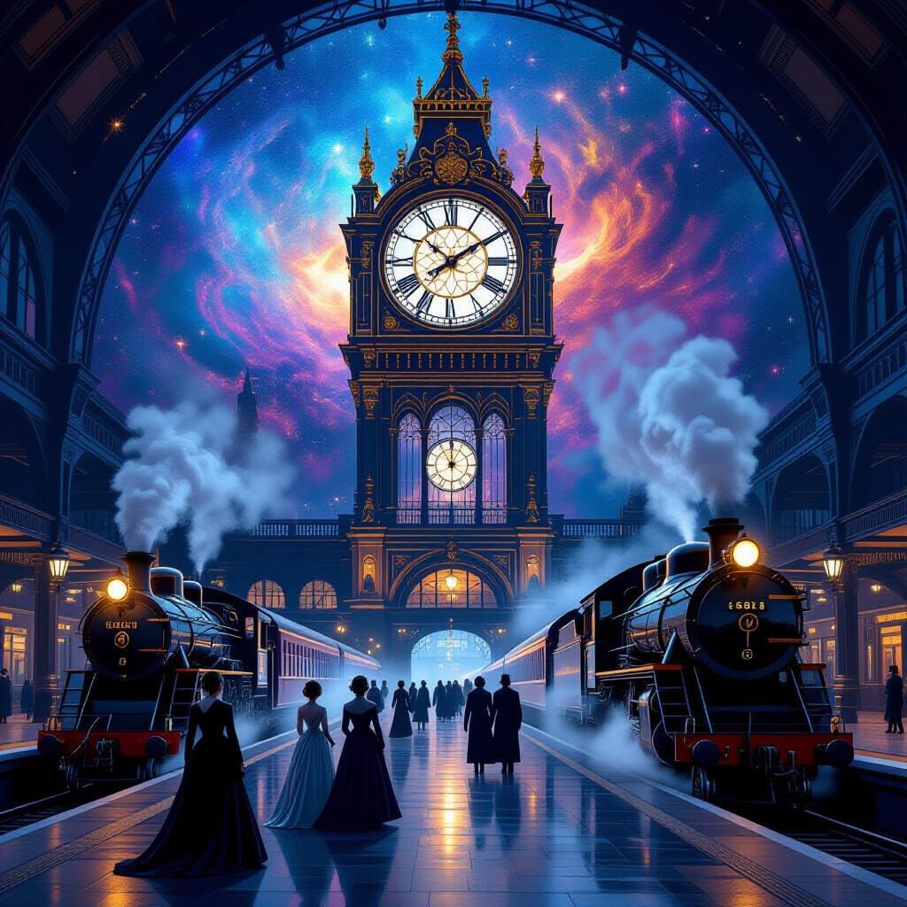 Ornate Victorian Clock Tower in Cosmic Train Station