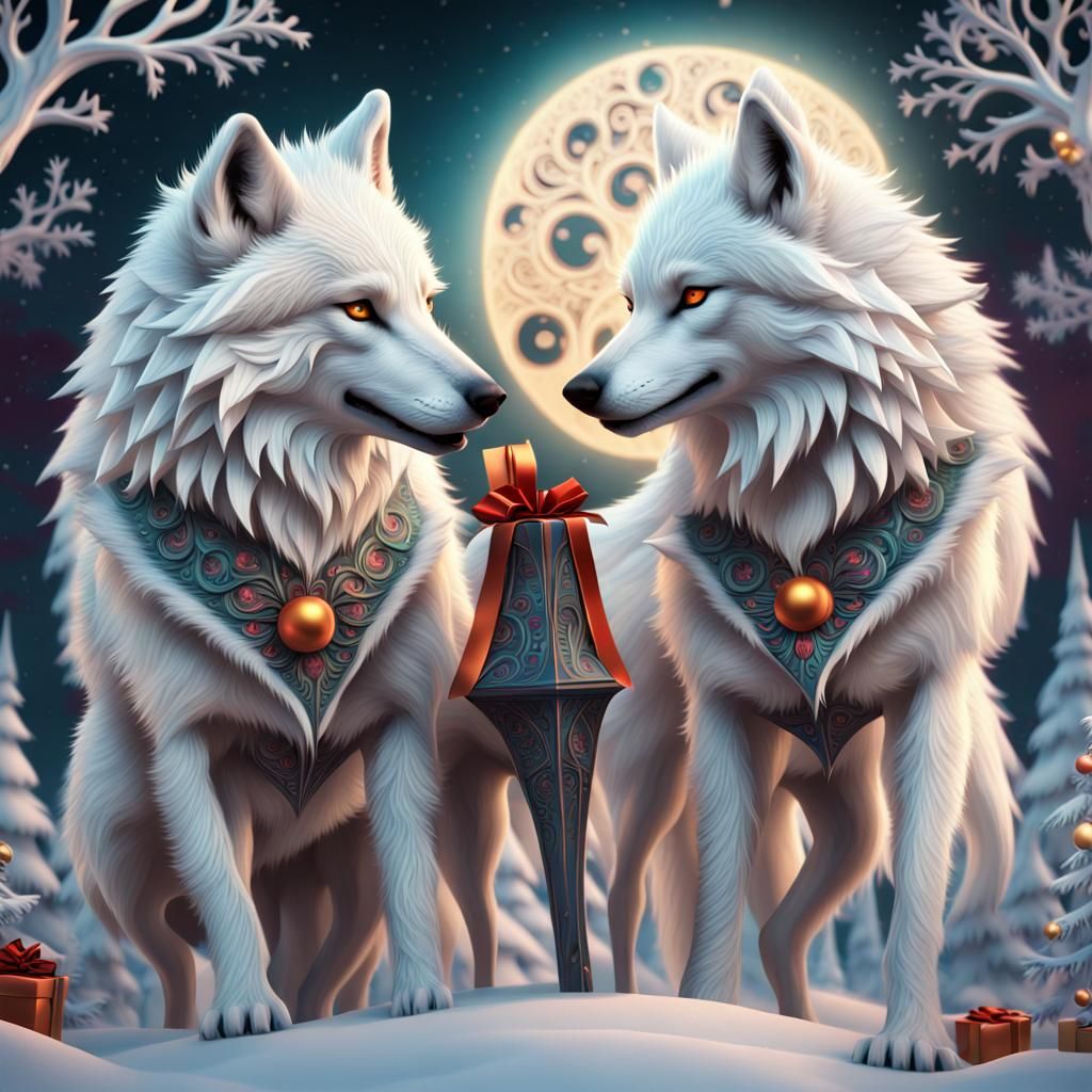 wolves joyfully exchanging gifts on Christmas Eve in winter ...