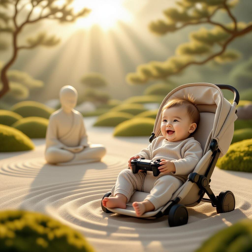 Peaceful Zen Garden at Dawn: Abstract Figure Meditating